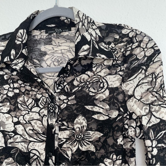 VTG y2k Heart Moon Star Long-Sleeve Mesh Lace Button-Up MEDIUM - Picture 7 of 11